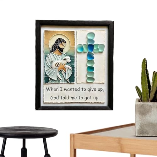 Tableau Jésus priant en verre de mer cadre crucifix fait main pour décoration murale