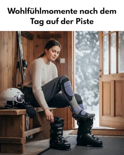 sockenkauf24 Damen Merino Skisocken 35-38 (2 Paar) Thermo Winter Kniestrümpfe mit Polsterung für Ski und Snowboard (Schwarz/Lila)