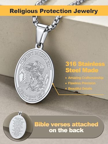 U7 Saint Benedict/Michael Medal Necklace, 316L Stainless Steel Virgin Mary Necklace for Men Women, Bible Verse Protection Necklace Catholic Jewelry,22"-24" Adjustable4