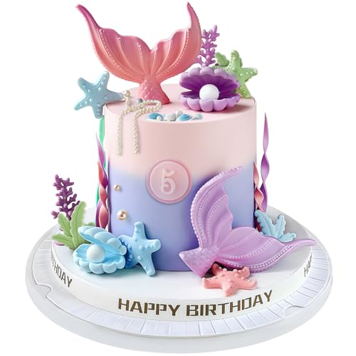 21PCS Mermaid Cake Topper Mermaid Tail Big Cake Topper with Seaweed Shells Starfish Coralal Cake Balls Decorations for Under the Sea Party Theme Birthday Party Supplies (Pink)