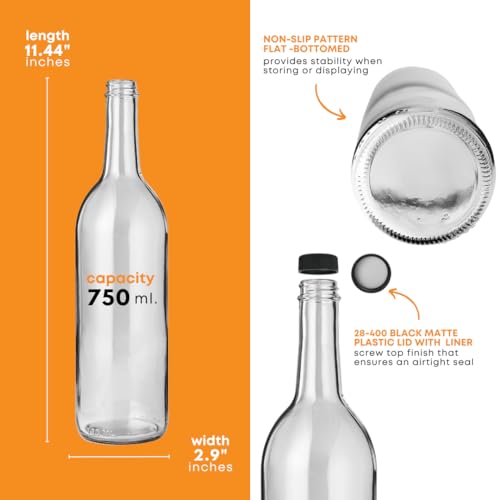 FastRack 750 ml Clear Bordeaux Wine Bottles (Pack of 12) Screw top finish with 12 Black PLASTIC caps | W5 Flint Flat-Bottomed Glass Bottles Ideal for Wine Making and Storage - Image 4
