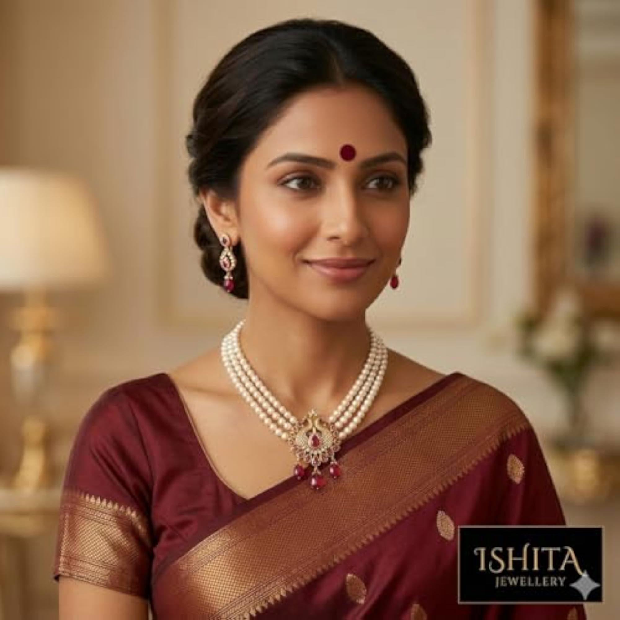 Maharashtrian Tanmani Necklace Set with Red & White Diamonds