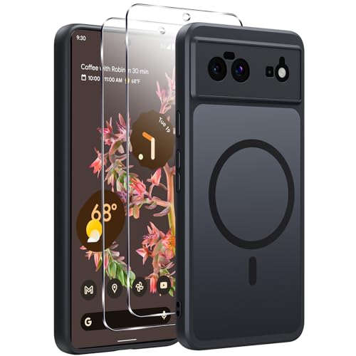 Yxnvixn Magnetic for Google Pixel 6 (5G) Case with 2* Screen Protector [Compatible with Magsafe] Translucent Matte Back Shockproof Anti-Fingerprint Phone Case Cover 6.4-Inch Black