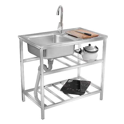 Commercial Restaurant Sink Utility Sink,Stainless Steel Sink with Workbench, Outdoor Single Bowl for Washing,Laundry Room Sinks Kitchen Sink Garage Sink Portable Sink w/Faucet & Drainboard (Singl