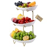 HOMKULA Fruit Bowl for Kitchen Counter - 3 Tier Fruit Basket with Metal Stand, Tiered Fruit Stand for Countertop, Snack, Nuts, Cake, Dessert, Small & Cute (Kid-Friendly Plastic, Gold)