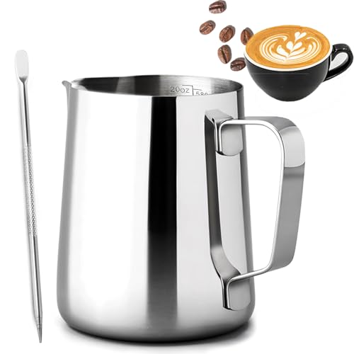PLACHIDAY Milk Frothing Pitcher 600ML/20oz Milk Jug for Coffee Machine Stainless Steel Pitcher with Measurement Mark and Decorating Pen for Making Latte Art and Cappuccino Silvery