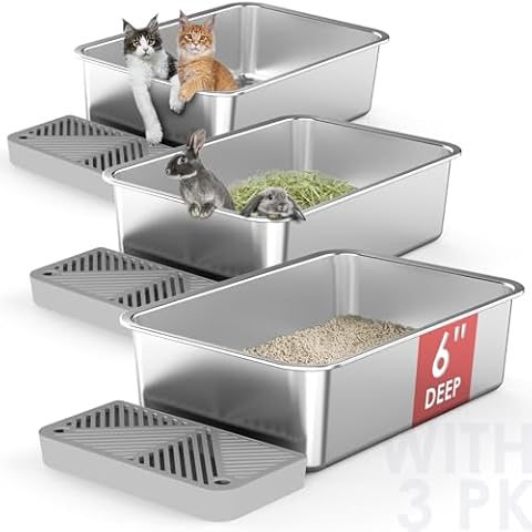 3 Pack 19.6"x13.7"x6" Stainless Steel Litter Box with 26L Litter Capacity, High Sides Large Cat Litter Box for Multi-Cats, Metal Litter Box with Footboard, Non Stick Litter Pan Litter Tray Cover