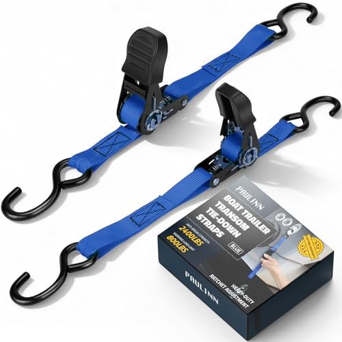 PAULINN Boat Trailer Tie-Downs Straps 1 Inch x 4 FT, 2400 LBS Heavy Duty Adjustable Transom Tie Down Straps Ratchet w/Quick Release Buckle & Anti-Scratch Hooks, for Trailer Marine Jet Ski Pontoon