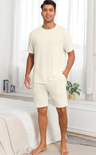PrinStory Mens Pajamas Set Summer Pjs Sets Lightweight Short Sleeve Pajama Shorts Set Soft Sleepwear Loungewear with Pockets3