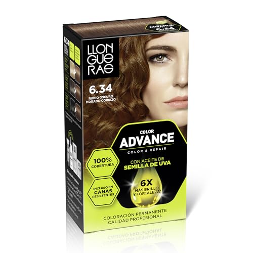 Llongueras Color Advance Tinte Pelo Mujer Coloración Permanente 100% Cobertura Incluso En Canas Resistentes - Tono 6.34 Rubio Oscuro Dorado Cobrizo
