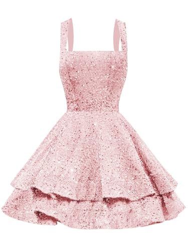 Short Scoop Neck Sequin Homecoming Dresses Sparkly Tiered Short Cocktail Prom Dress4