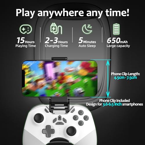 Image of Hall Effect Bluetooth Controller for Switch /PC /iPhone /Android /Apple Arcade MFi Games /Mac /TV /Steam, Pro Wireless Game Controller with Phone Clip with Lock Speed /6-Axis Gyro /Dual Motors /Turbo /Switch Key