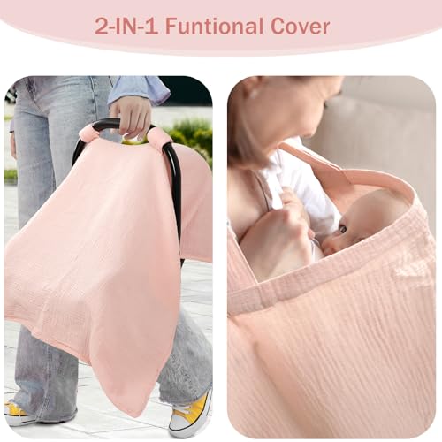 Image of Hooyax 2-in-1 Baby Car Seat Cover & Nursing Cover, 100% Muslin Cotton, Breathable Car Seat Canopy and Privacy Breastfeeding Cover, Pink