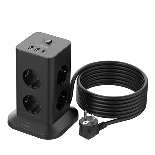 Mehrfachsteckdose Überspannungsschutz 3600W 16A, TESSAN 8 Fach Steckdosenleiste USB C Mehrfachstecker, Steckerleiste mit 2M Verlängerungskabel, Steckdosenturm Verteilersteckdose für Zuhause,