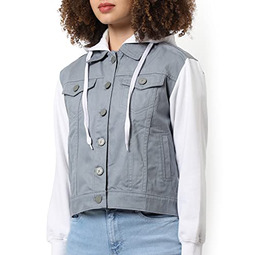 Image of Campus Sutra Women Grey & White Regular Fit Denim Jacket For Winter Wear | Collared Neck | Full Sleeve | Buttoned | Casual Jacket For Woman & Girl | Western Stylish Jacket For Women