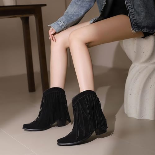 Seborluys Fringe Ankle Cowboy Boots for Women Short Cowgirl Booties Western Fringed Tassel Ankle Boots Suede Chunky Block Heel4