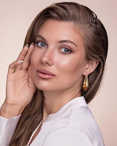 Long Oval Chunky Dangle Gold Hoops with Colored Resin Gemstone Statement Earrings for Women by SNGIA, (Green, Brown, Blue, Pink, White, Cream), Bold Drop Handmade Exaggerated Irregular Trendy Bohemian Jewelry Gifts, Unique Dangling Teardrop Baroque Stone Summer Beach Fashion Earrings Accessories, Round Vintage Thick Circular Nickle Free Huggies Hoop Earrings.3