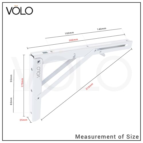 Image of VOLO Pack of 2 Pieces (1 Set ) Heavy Duty Folding Bracket | 150 Kg Load Capacity | Foldable Wall Shelf Bracket | Fold Down Table and Wall Bracket with Fittings | (Mild Steel | White, 12 Inch (300mm))