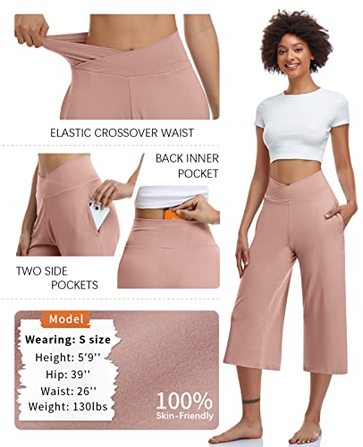 Image of TARSE Womens Casual Wide Leg Yoga Capris Crossover High Waist Capri Pants Loose Soft Pajama Pockets Sweatpants