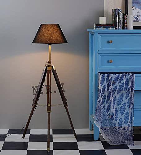 Lampadaire trépied en bois et laiton antique - 114 cm (sans...