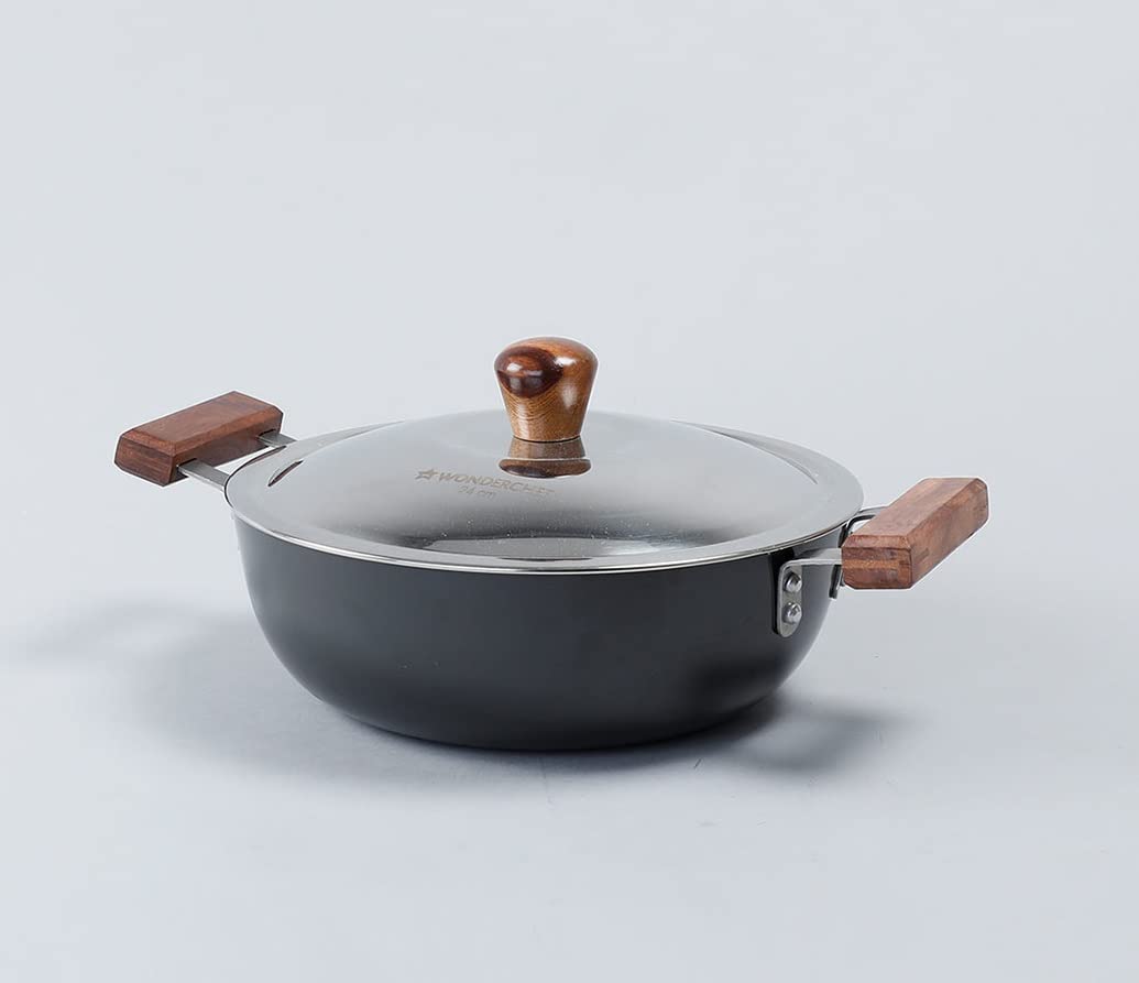 Wonderchef Ebony Aluminium Hard Anodized Deep Kadhai/Kadai with Lid - 24 cm, 3 Litre | Ideal for Sauteeing Veggies, Dal and Curries | Black (B07JW57DL5) Amazon Price History, Amazon Price Tracker