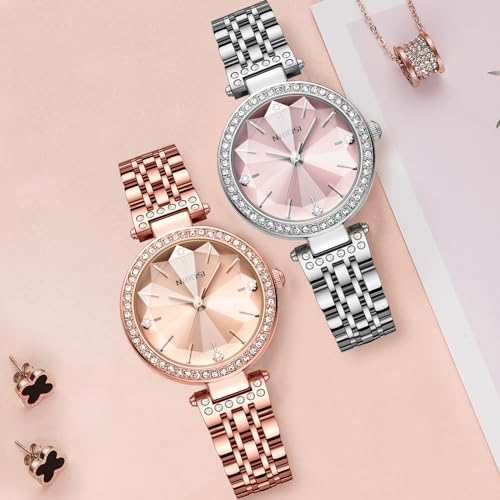 نيبوسي ساعات انالوج بعقارب للنساء بلون ذهبي وردي للنساء والبنات والسيدات مرصعة بالماس مع ساعات انيقة مقاومة للماء