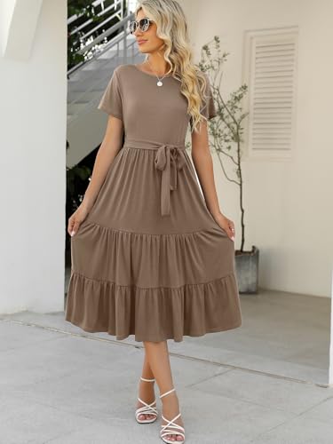 Image of Lyrur Women's Dresses Casual Summer Tiered Midi Dress Short Sleeve Belted Ruffle Babydoll Boho Sundress with Pockets