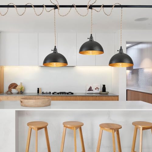 Image of 3 Light Plug in Pendant Lights Hammered Dome Hanging Lamp with Switch 22 Ft Long Hemp Rope Farmhouse Pndant Light Cord Lighting Fixture DIY Hanging Light