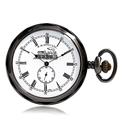 Uncovered Men's Mechanical Pocket Watch with Chain, Uncovered Roman Design Dial Chain Mechanical Pocket Watches for Men