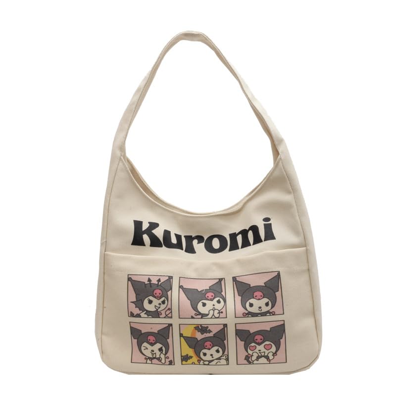 Kawaii Kuromi Canvas Tote Bag – Cute Cartoon Shoulder Bag for Beach, Travel, and Shopping – Reusable Grocery Bag with Zipper – Aesthetic Handbag for Women & Girls – Birthday Gift