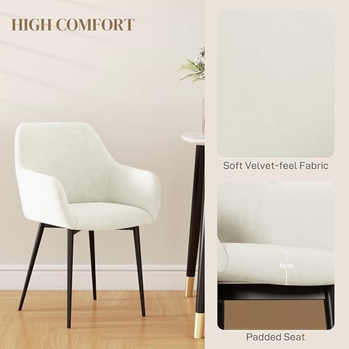 HOMCOM Dining Chairs Set of 2, Modern Velvet-Look Fabric Upholstered Kitchen Chairs with Backrest, Armrests and Steel Legs for Dining Room, Living Room, Cream White - Image 6