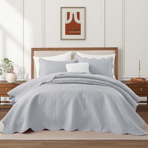 IR Imperial Rooms Queen Quilt Bedding Set Size (90" x 96") + 2 Pillow Shams (20" x 26"+ 2") - 3 Pcs All Season Lightweight Reversible Microfiber Coverlet Embossed Quilt Bedspread (Silver)