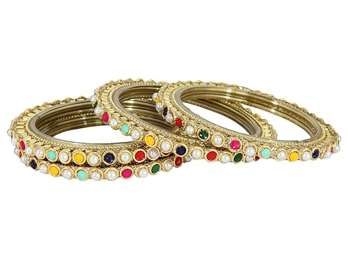 Image of NMII Glass Golden Zircon Gemstone & Colorful Beads Studded Bangles Kada Set For Women & Girls | Traditional Stylish Kangan | Bangles For Women Glass | Wedding, Party, Occasion Wear Bangle- Set of 4