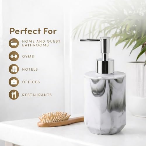 Image of Luxe Home International Marble Pattern Plastic Soap Dispenser for Bathroom and Kitchen Sink Leak Proof Liquid Hand Wash Round Bottle Lightweight Smooth Finish (17x8 cm White) Pack of 1