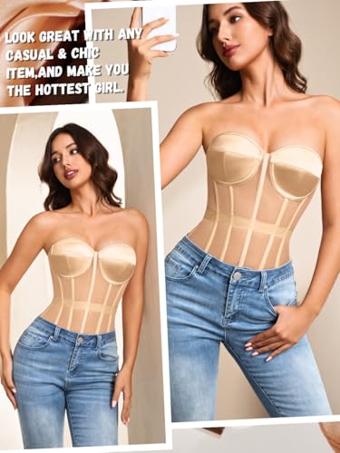 Image of Kaei&Shi Sheer Mesh Overbust Corset,Sexy Strapless Lace Up Satin Bra Corsets Top For Women Shapewear