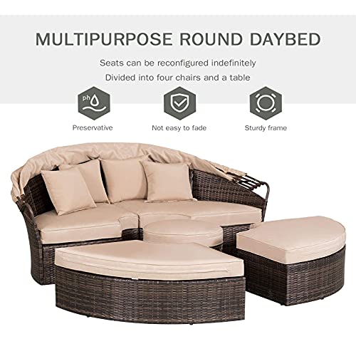 Patiomore Outdoor Patio Round Daybed with Retractable Canopy, Brown Wicker Furniture Clamshell Sectional Seating with Washable Cushions for Patio Backyard Porch Pool - Thumbnail 3