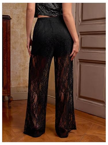 SOLY HUX Women's Plus Size Lace Mesh Pants High Waisted Sheer Flare Leg Party Pants Clubwear2