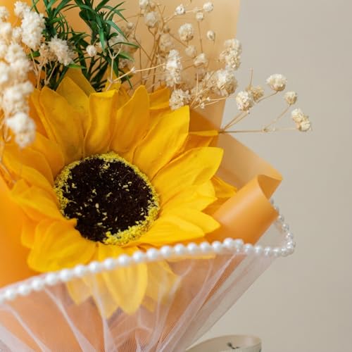 Image of Mini Artificial Sunflower Bouquet with Ribbon | Small Handheld Flower Gift | Cute Desk Decor | Romantic Pocket Size Floral Arrangement for Gift (Yellow)