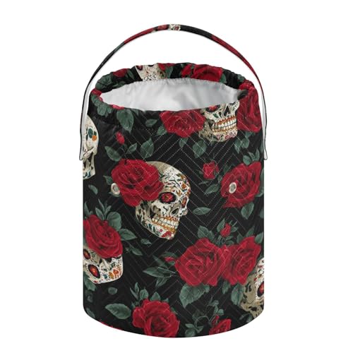 Image of ElliTarr Crochet Bag Yarn Bag with Handle Portable Knitting Project Bag Travel Yarn Storage Organizer Holder Case Mexico Skull Rose Flowers Red