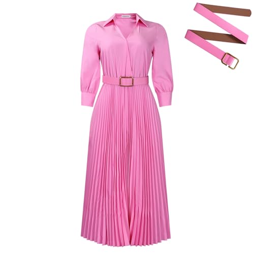 Image of Famnbro Womens Pleated Dress V Neck Long Sleeve A line Church Formal Works Business Dresses with Belt