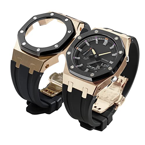 Image of GA2100 Stainless Steel Watch Case with Metal Watchband and Rubber Strap Mod Kit - Compatible with GA-2100 /GA-2110 /GA-B2100 Series - Watch Part Replacement