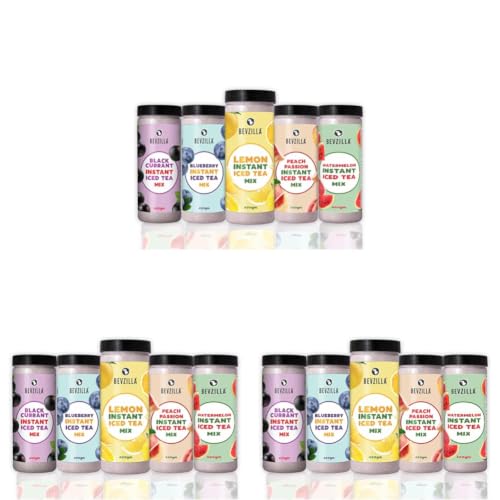 Image of Bevzilla Black Currant,Blueberry,Lemon,Watermelon & Peach Passion Instant Ice Tea Powder Combo - 400g Each Jar | Refreshing Summer Iced Tea Drink | Instant & Easy to Make (Pack of 3)