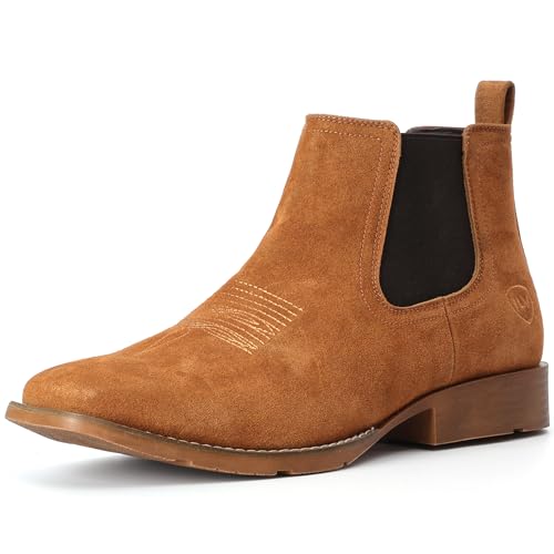 Image of IUV Suede Chelsea Cowboy Boots for Men Western Ankle Boots Casual Dress | Genuine suede Chelsea-Western boots, elastic panels, saddle stitching, versatile brown, slip-on