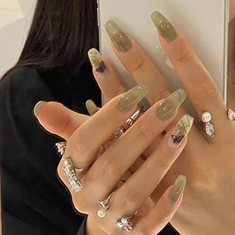 Matcha Green Butterfly Style Ballerina Coffin Fake Nails, Glossy Full Cover False Nail Reusable for Women and Girls24PCS Cover