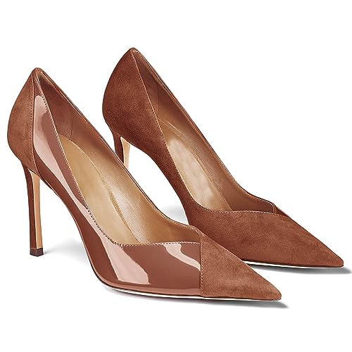 Coutgo Women's Slingback Pumps - Pointed Toe Stiletto Heels, Patchwork Design, Khaki/Black, Size 7.5