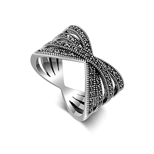 Image of Mytys Vintage Wide Ring Classic Black Marcasite Crystal Rows Statement Silver Chunky Rings