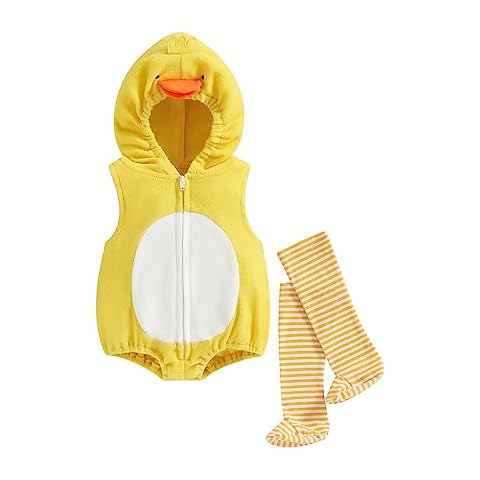 Doisbetthsay Baby Boy Girl Halloween Costume Flannel Romper Animal Onesie Hooded Cartoon Outfit Suit Halloween Dress Up (Yellow duck, 12-18 Months) Cover