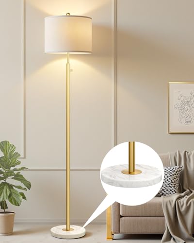 Image of 【Upgraded】Dimmable Gold Floor Lamps for Living Room, 11W LED Bulb Included, Modern Standing Lamp with Marble Base, Tall Pole Light with White Linen Shade for Bedroom Reading Office Corner Nursery