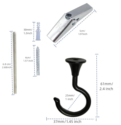 Image of Large Swag Ceiling Hooks 2Sets Heavy Duty Swag Hook with Hardware for Hanging Plants Ceiling Installation Cavity Wall Fixing (2 Sets, Black,Large)