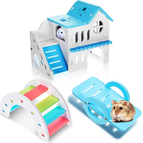 3 Pieces Hamster Toys Include DIY Wooden Hamster House, Rainbow Bridge, Hamster Seesaw Toy Pet Sport Exercise Climbing Toy Hamster Cage Accessories for Small Hamsters Mice Gerbils and Other Small Pet